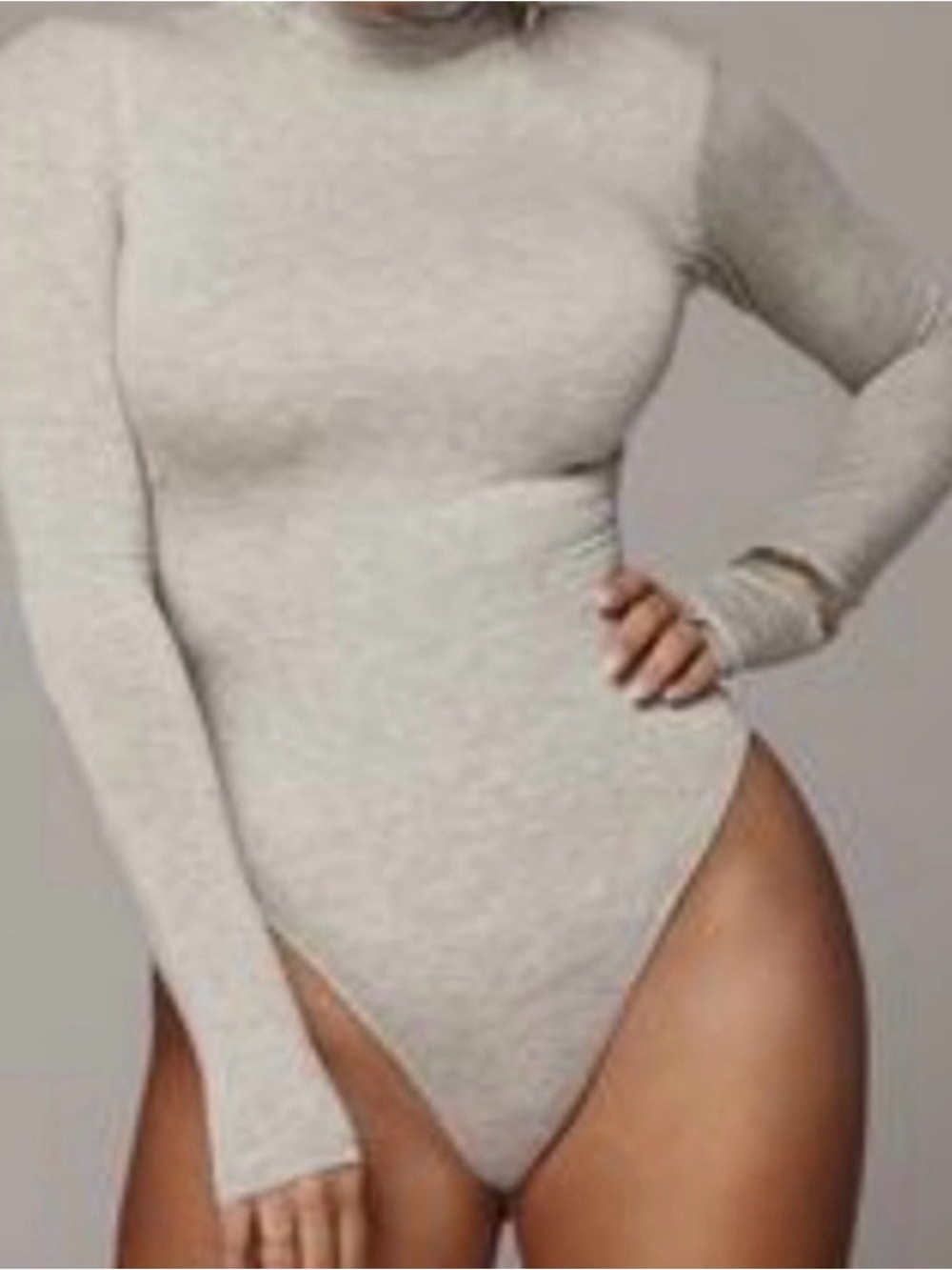 JLUXLABEL Long-Sleeve High-Cut Bodysuit in Light Gray